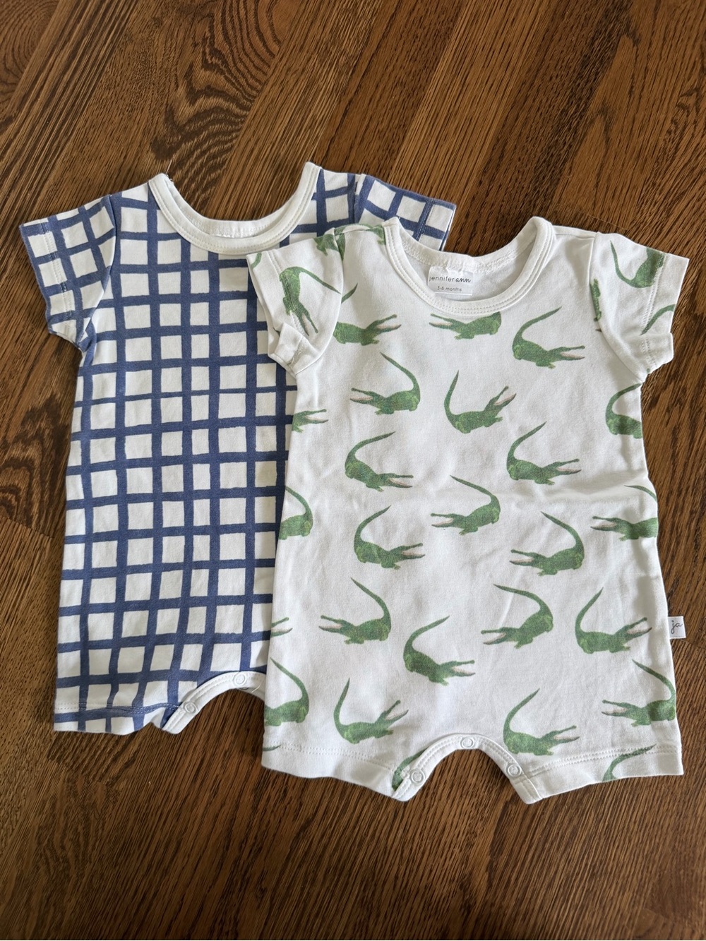 Baby Matching Short Sleeve Romper Set in White with Green & Blue Prints